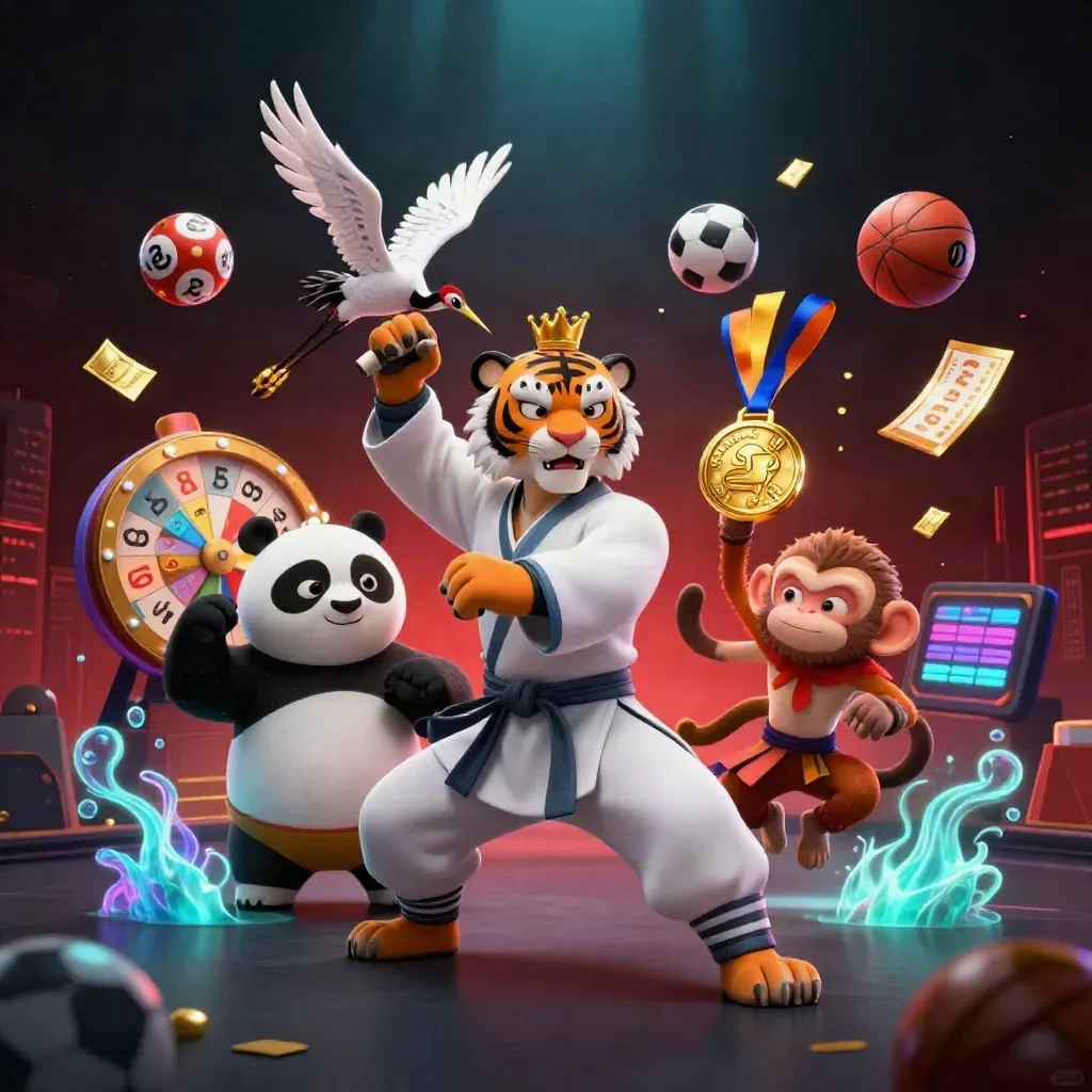 Kung-fu tiger, panda, and monkey amid casino-game props, neon-lit and cinematic