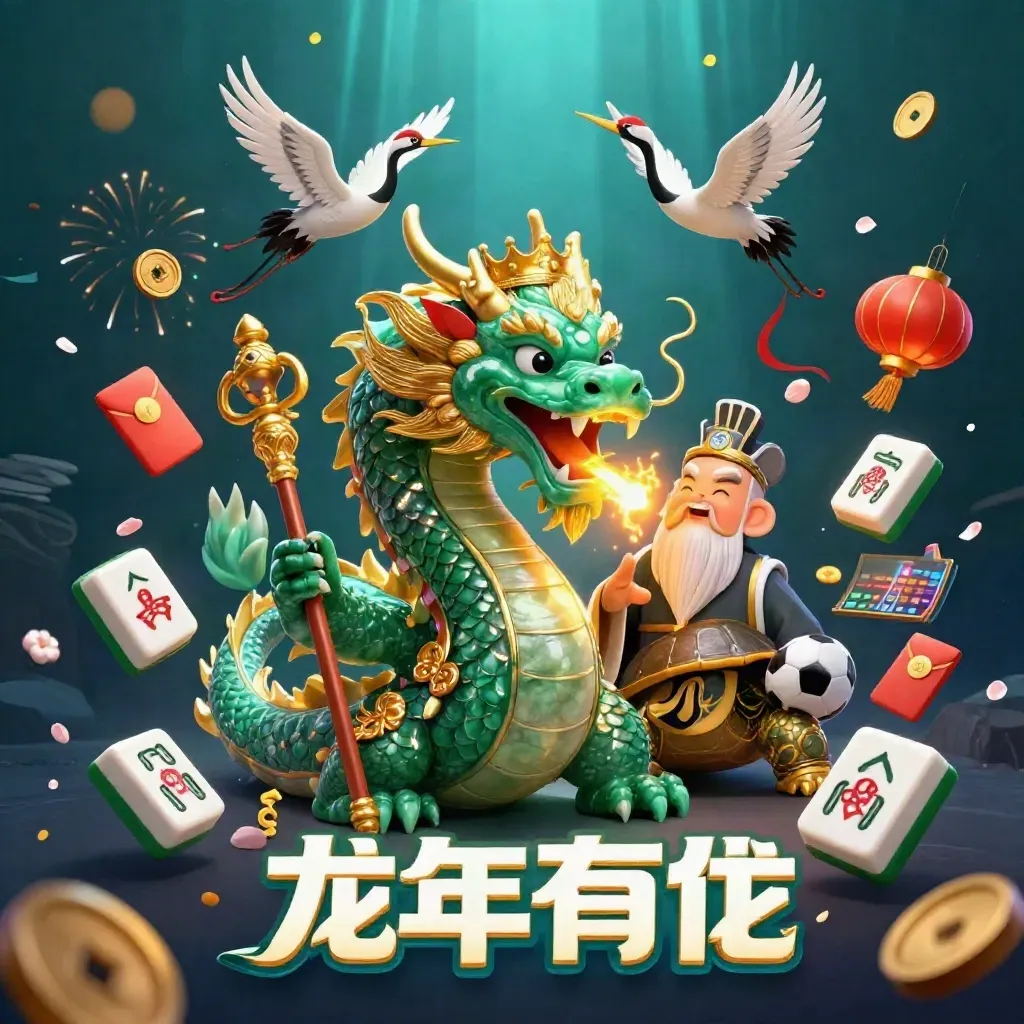 Jade dragon, turtle sage and cranes amid gold fire, coins, lanterns and underwater neon glow