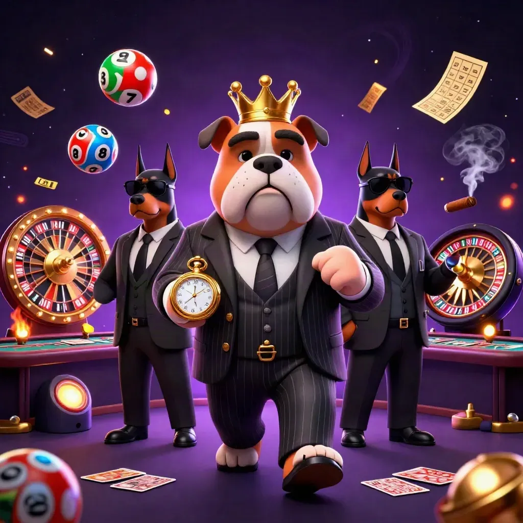 Mafia bulldog and Dobermans in a luxe casino storm of gold, cyan, and purple.
