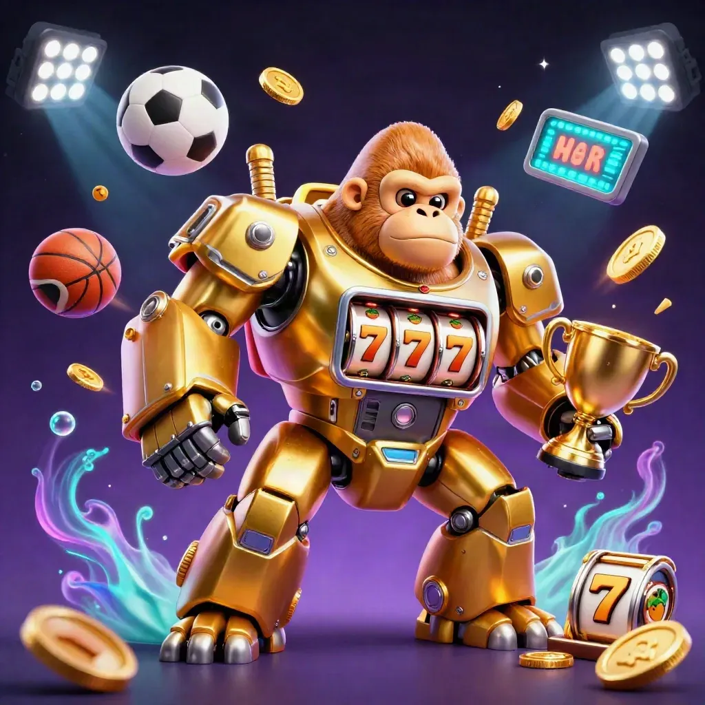 Golden gorilla mech with tiny monkey pilot, bursting casino and sports power, cyan glow