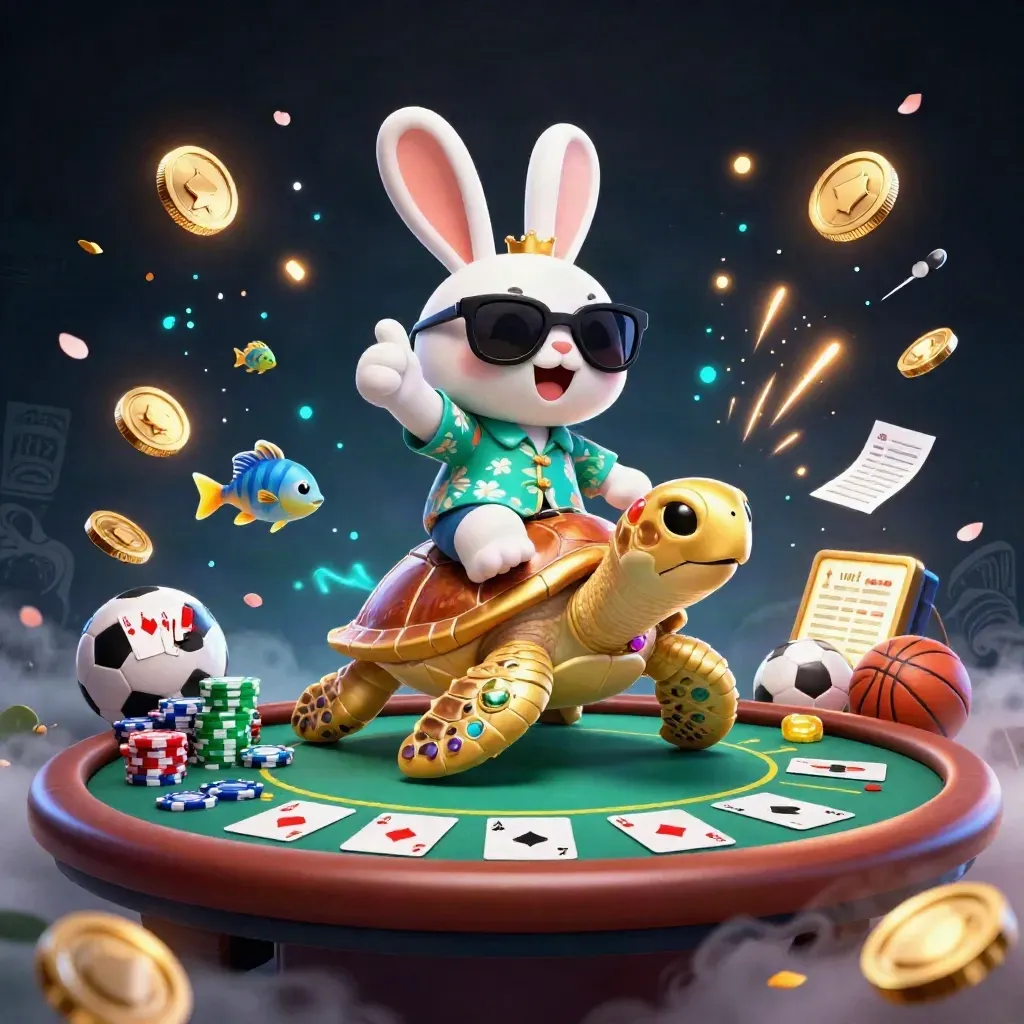 Rabbit on golden sea turtle amid casino coins, chips, cards, fish, fireworks, and neon treasure burst