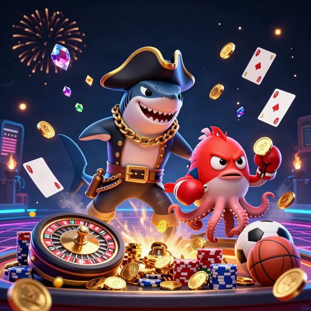Pirate shark, boxing pufferfish, and octopus amid coins, gems, chips, and fireworks.