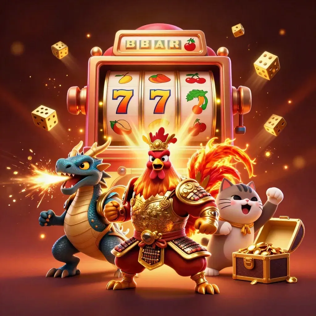 Rooster samurai, dragon hatchling, and fortune-cat amid exploding slot reels and gold sparks.